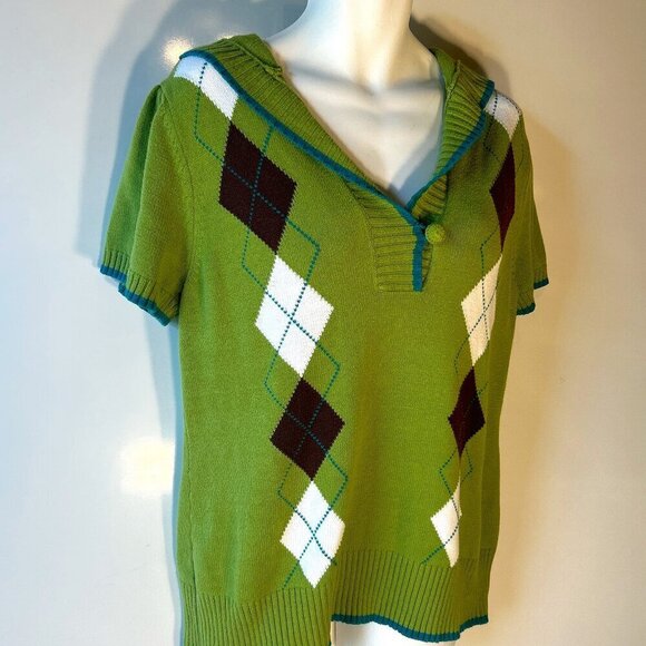 Cato SZ18/20 Green Argyle Short Sleeve Sweater 80's Academia Preppy Golf Classic - Picture 2 of 10